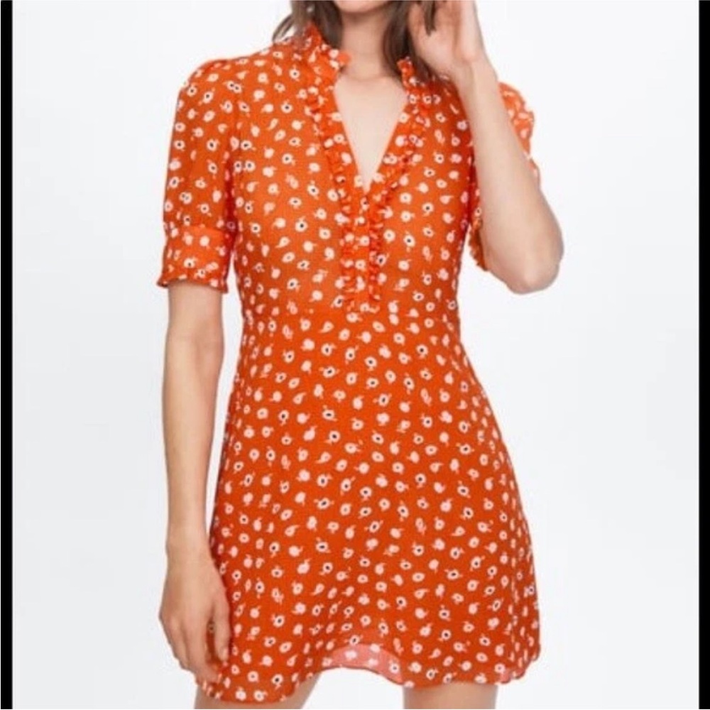 Zara Orange Puff Sleeve Mini Dress